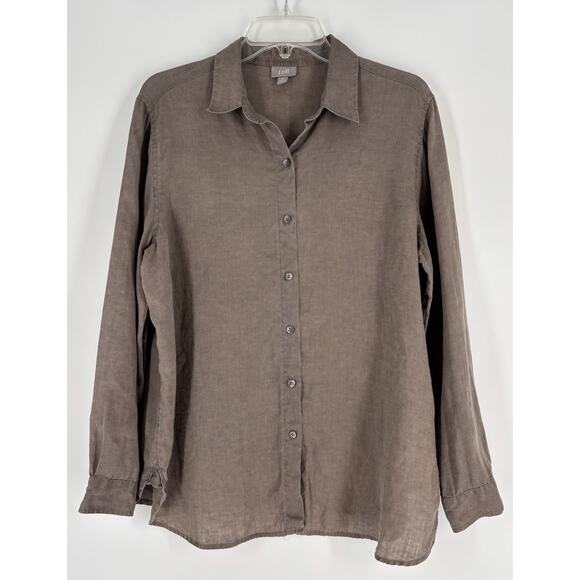 J Jill Women’s Linen Blouse Medium Brown LS Button Up Beachy Coastal Travel EUC - Picture 1 of 8